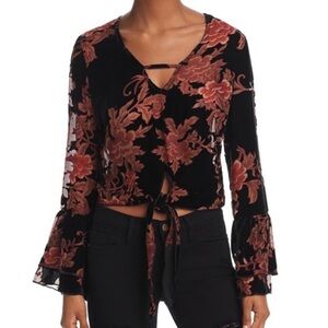 Vintage Havana Floral Velvet Bell Sleeve Crop Top